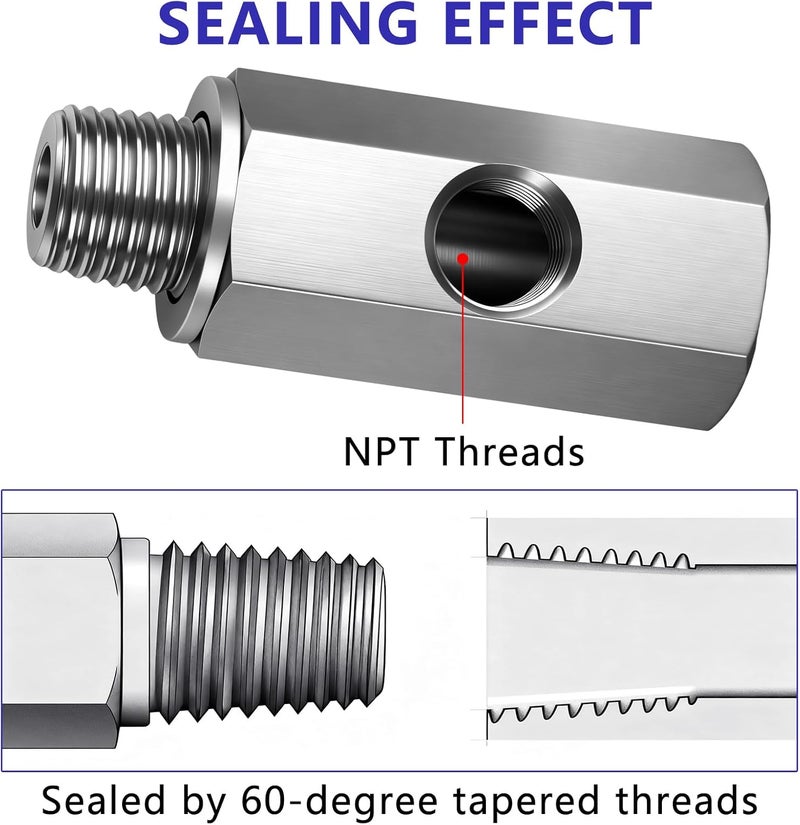 Senlinyu 1/4" NPT Oil Pressure Sensor Tee Adapter, 304 Stainless Steel Triple Port Fitting: 1/4" NPT Female to Male & 1/8" NPT Female for Gauge and Sensor Installation - Image 4